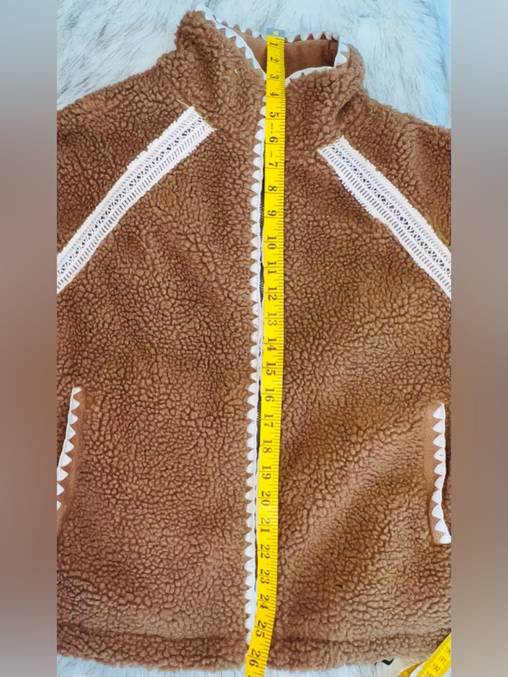 And Now This Sherpa Jacket Brown Cream Crochet Trim Cozy Fleece Zip NWT - Picture 7 of 11